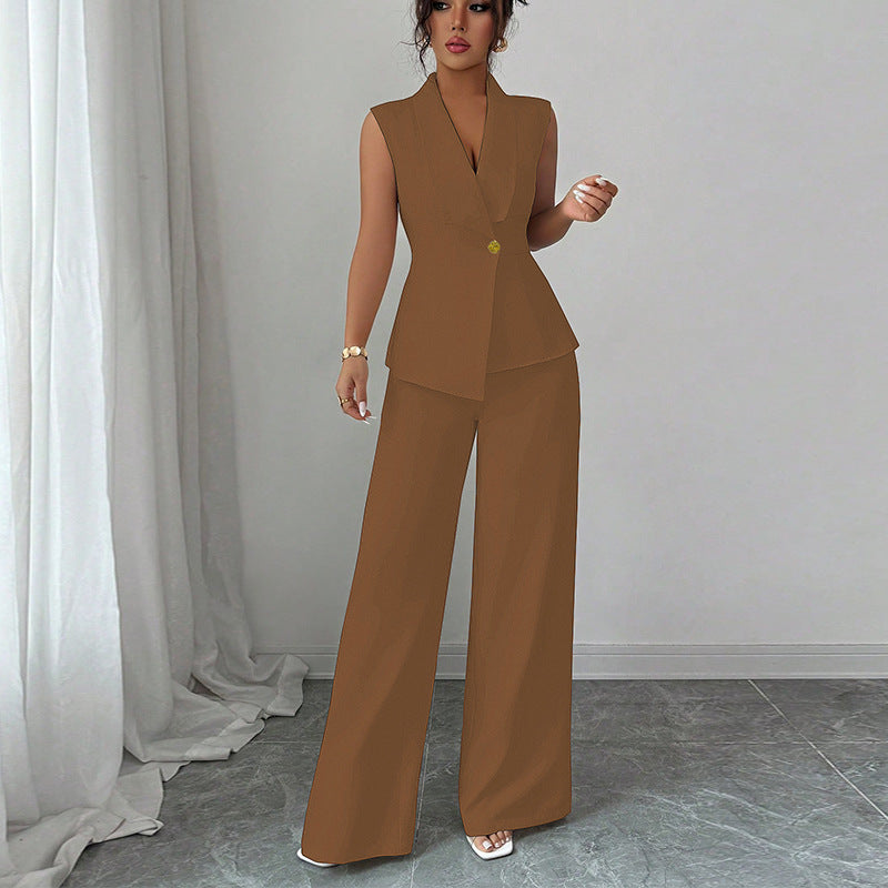 Solid Color Vest Straight-leg Trousers Suit For Women