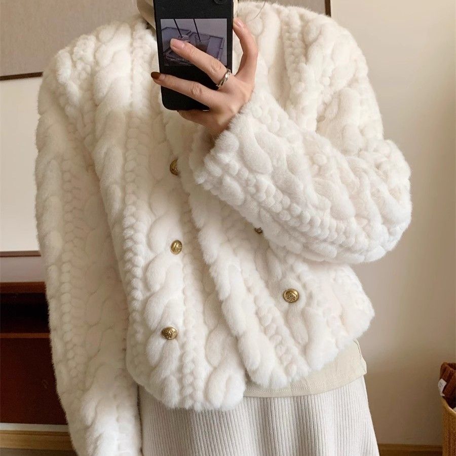 Thick Round Neck Double Breasted Short Baggy Coat Women