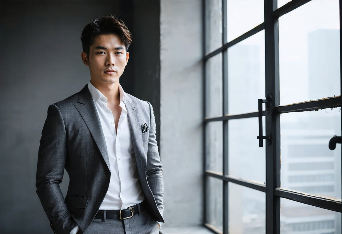 Effortlessly refined korean style wool suit styling in a tailored gray suit with artisanal detailing and modern elegance