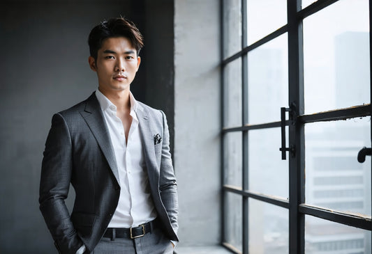 Effortlessly refined korean style wool suit styling in a tailored gray suit with artisanal detailing and modern elegance
