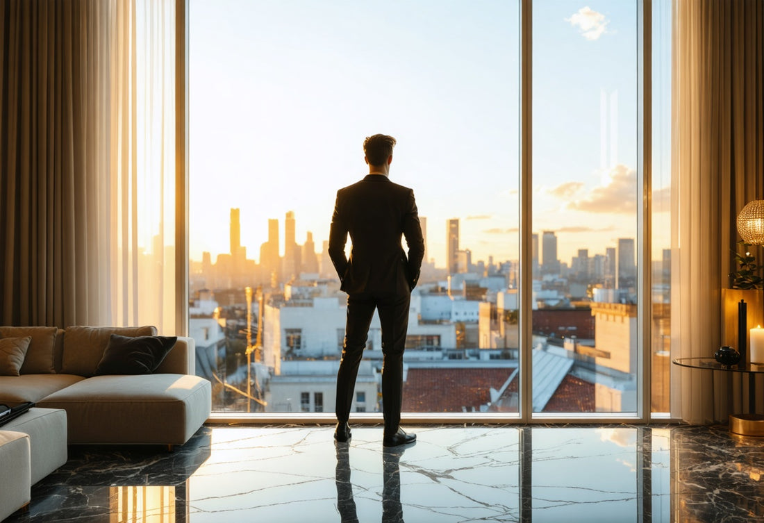 Elegant man in a tailored suit overlooking a city skyline, embodying transformation through fashion and luxury lifestyle stories