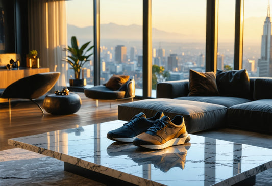 Best running shoes for men from RISEVERA displayed in an elegant penthouse, exuding modern luxury and style