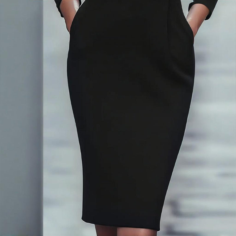 Women's Black Long Sleeve V-Collar Bodycon Dress With Belt Detail & Pockets - Formal Midi Dress For Fall Spring
