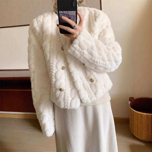 Thick Round Neck Double Breasted Short Baggy Coat Women