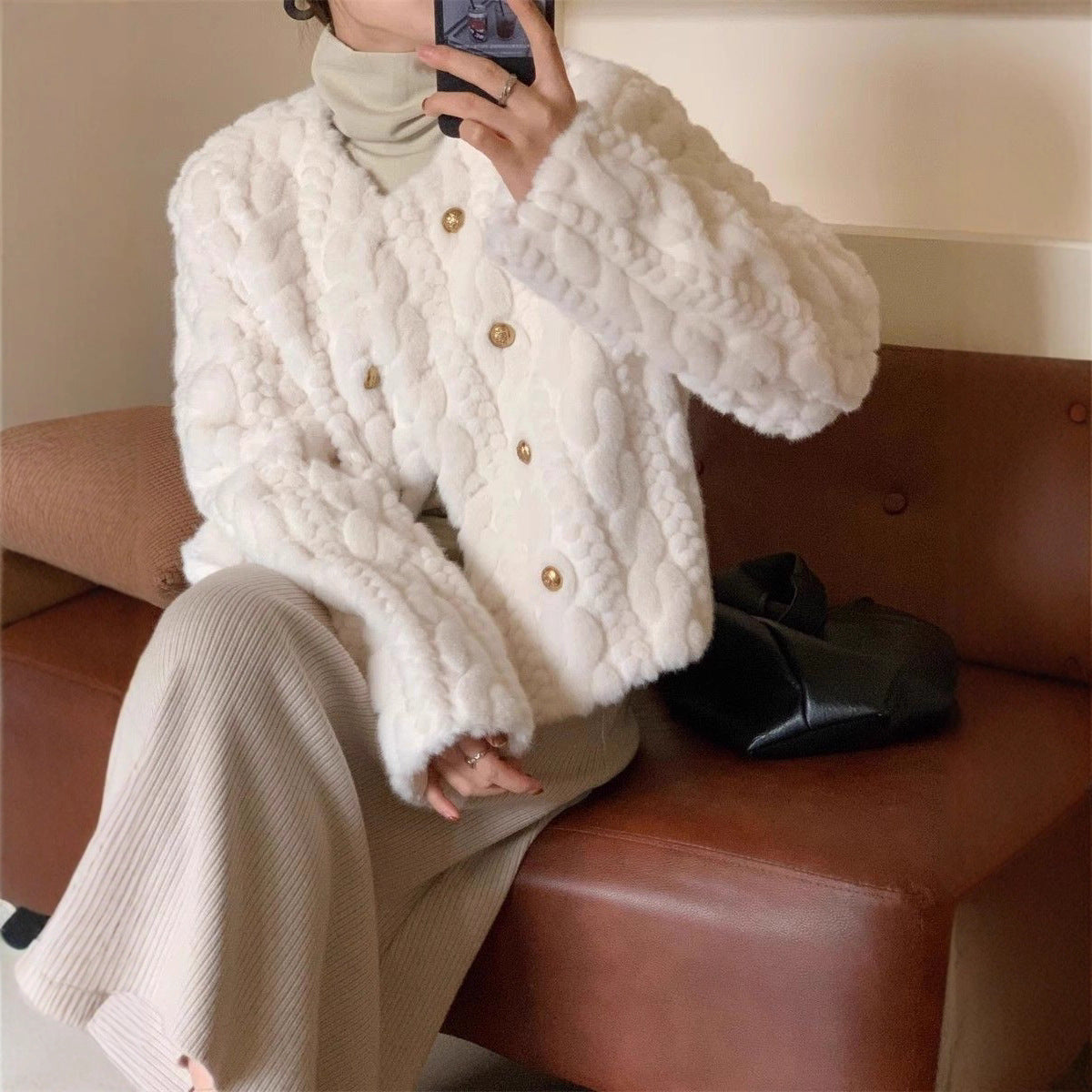 Thick Round Neck Double Breasted Short Baggy Coat Women