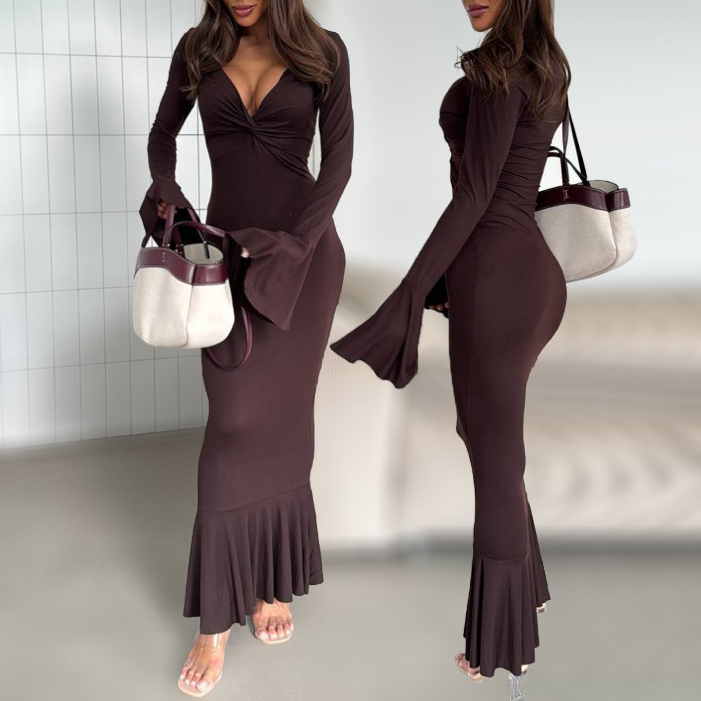 V-neck Elegant Ins Ruffle Sleeve Long Sleeve Summer Dress