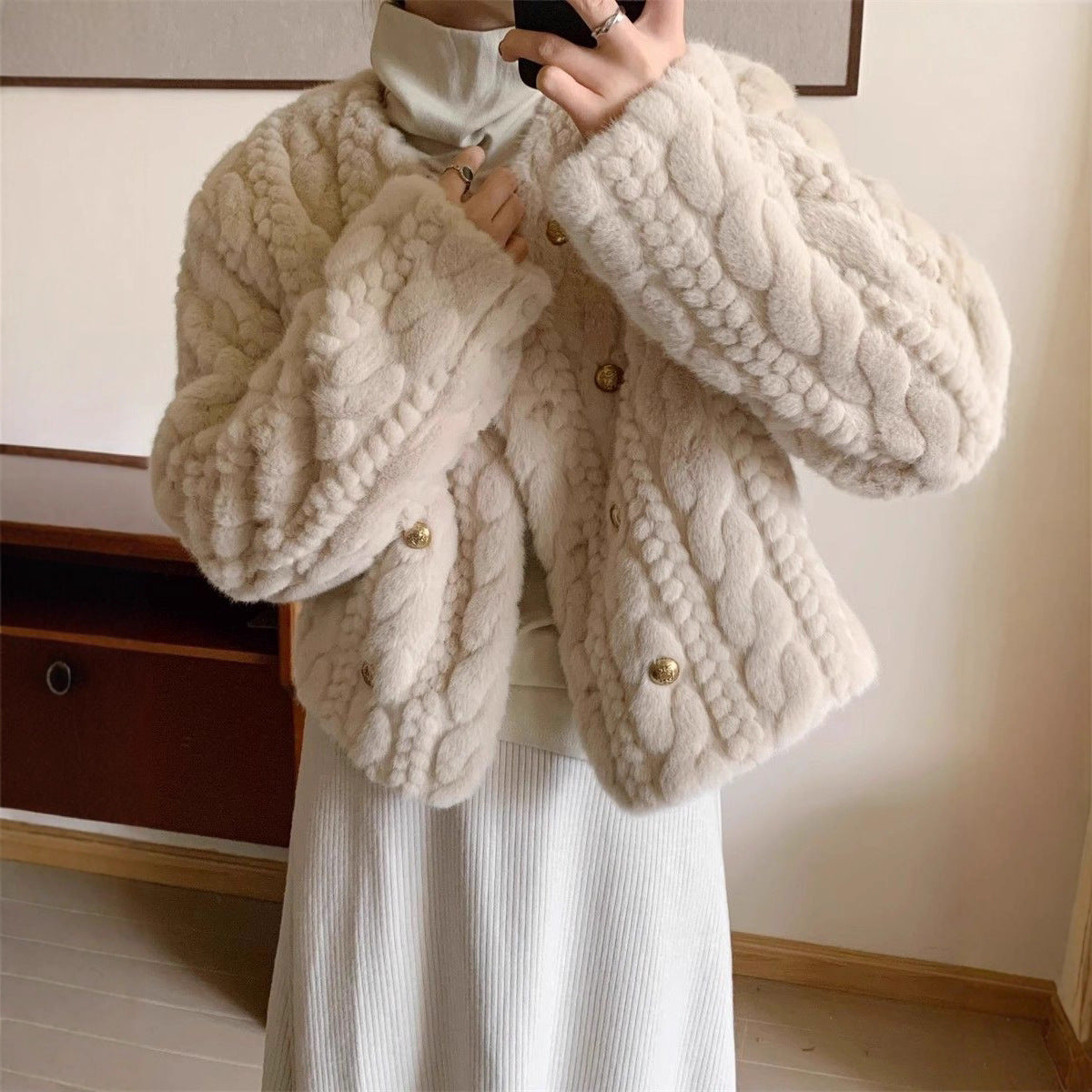 Thick Round Neck Double Breasted Short Baggy Coat Women