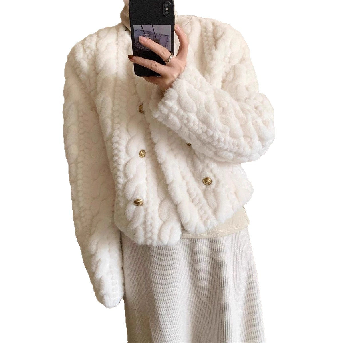 Thick Round Neck Double Breasted Short Baggy Coat Women